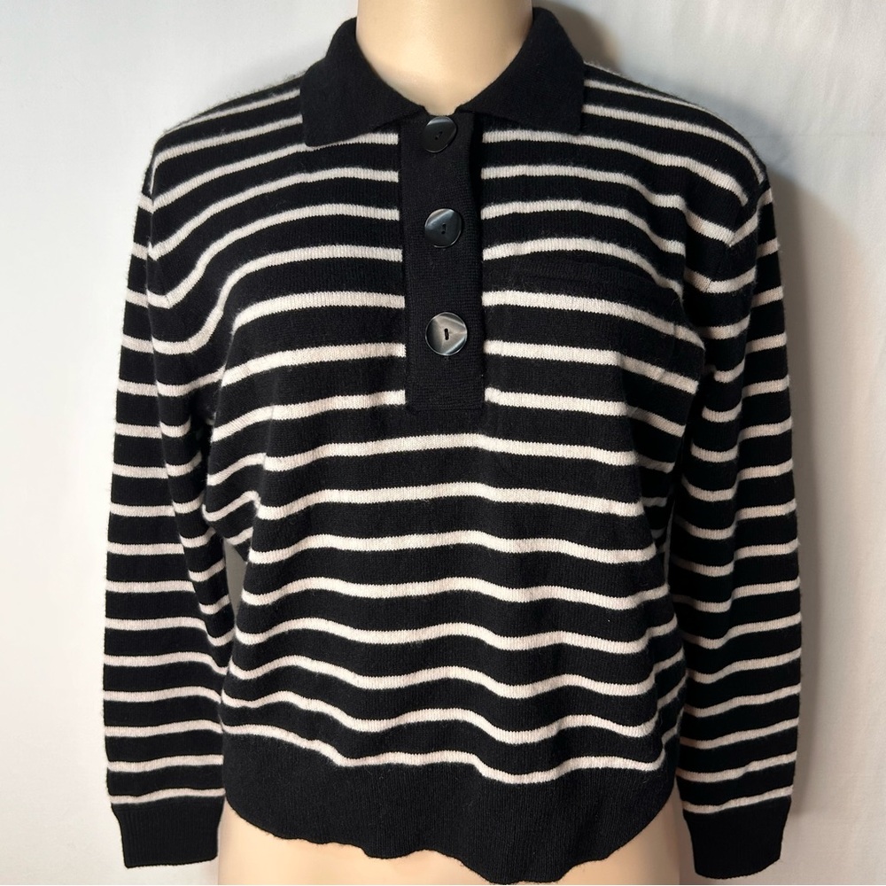 J.Crew 100%Cashmere Collar Sweater Black White Stripes  Long Sleeve 3Buttons XXS